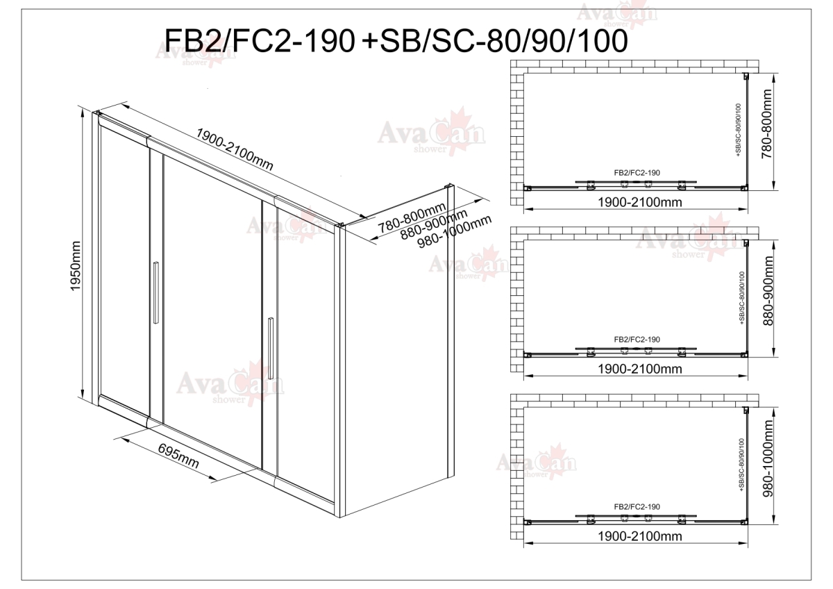 Душевой уголок AvaCan FB2 190-210  + SB90 