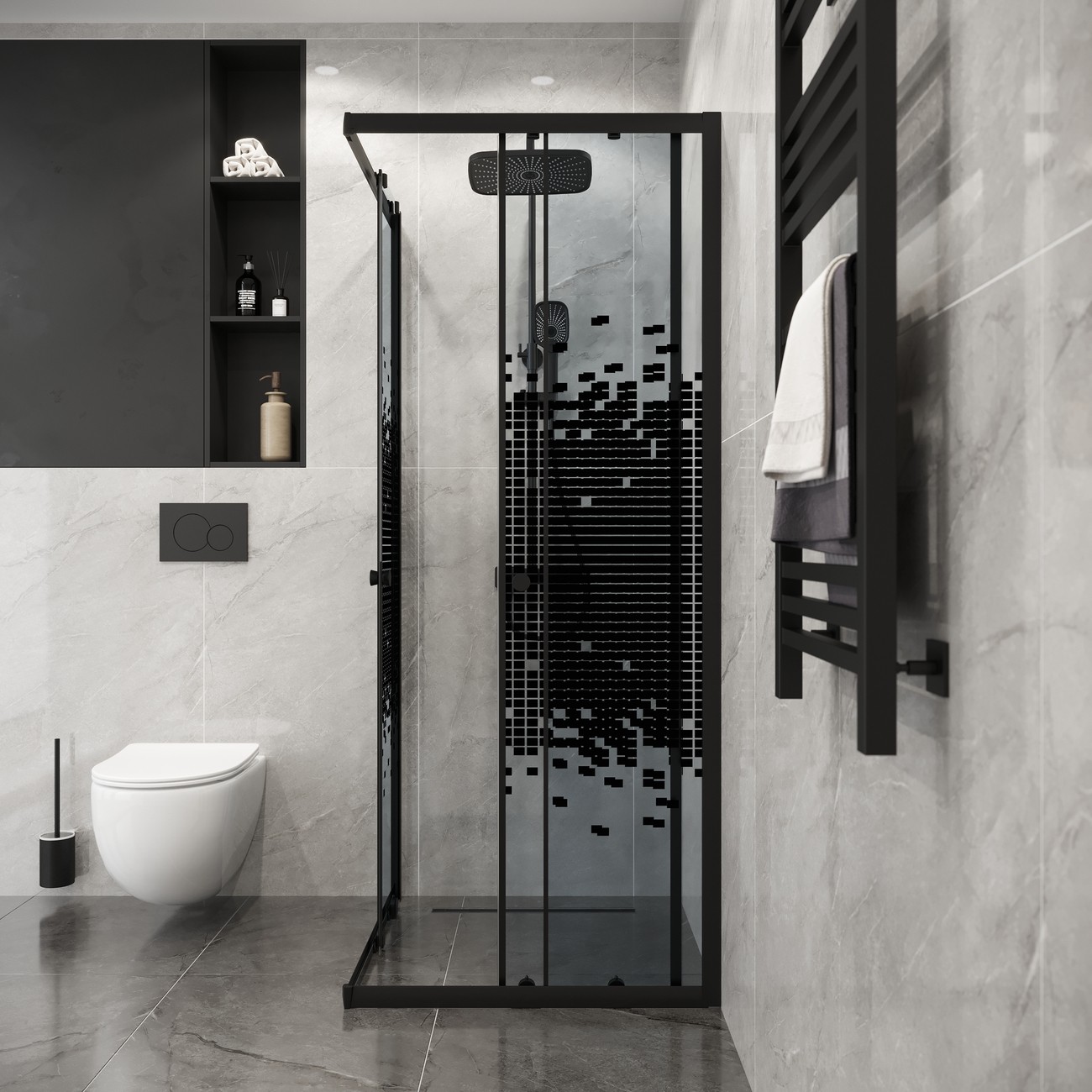 Душевое ограждение Niagara Eco NG-1008-14QBLACK (80х80х190) квадрат,раздвижное,черный,стекло мозаика,1 место 