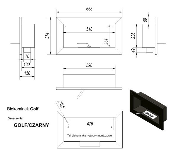 Настенный биокамин Kratki GOLF, TUV 