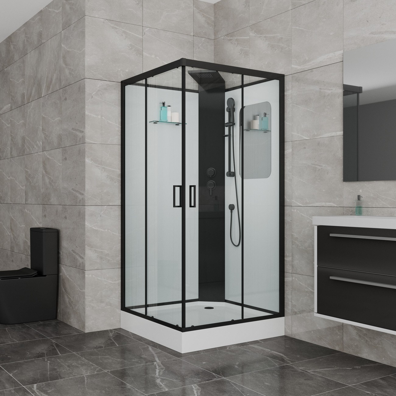 Душевая кабина Grossman Elegans GR251Q, 90 x 90 см, задние стенки белые, стекло прозрачное, профиль черный 