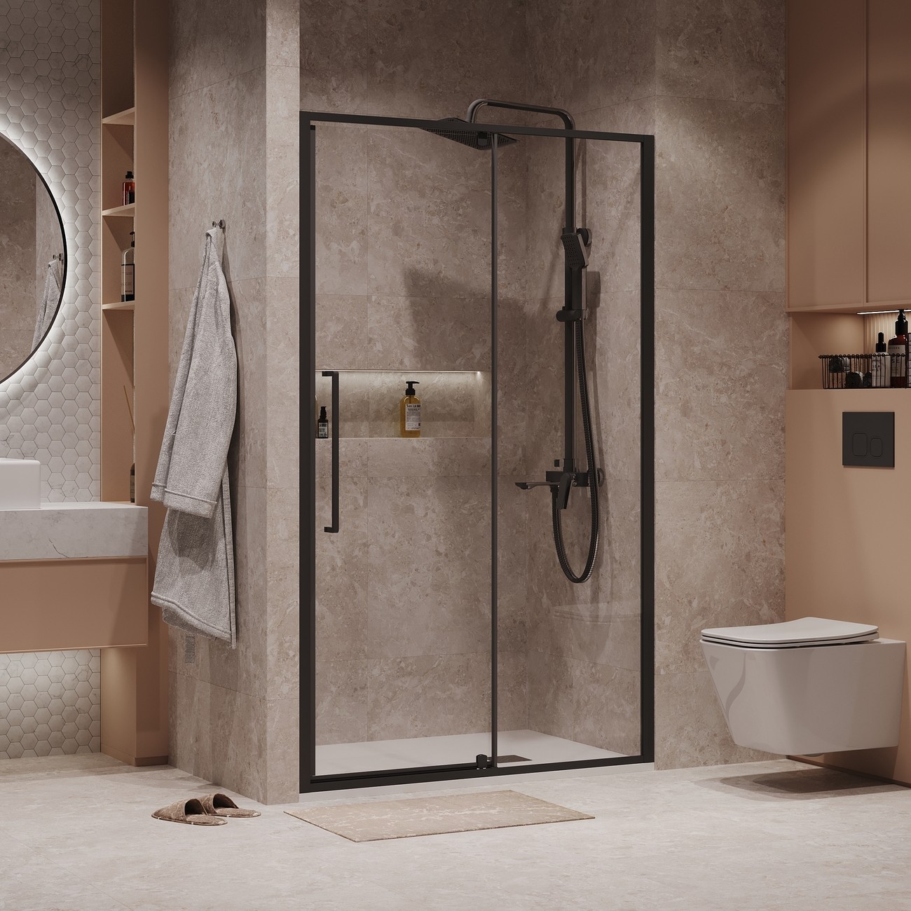 Дверь в нишу Niagara Nova NG-85-12AB (120х195) черный матовый,стекло прозрачное,дверь распашная,1 место 