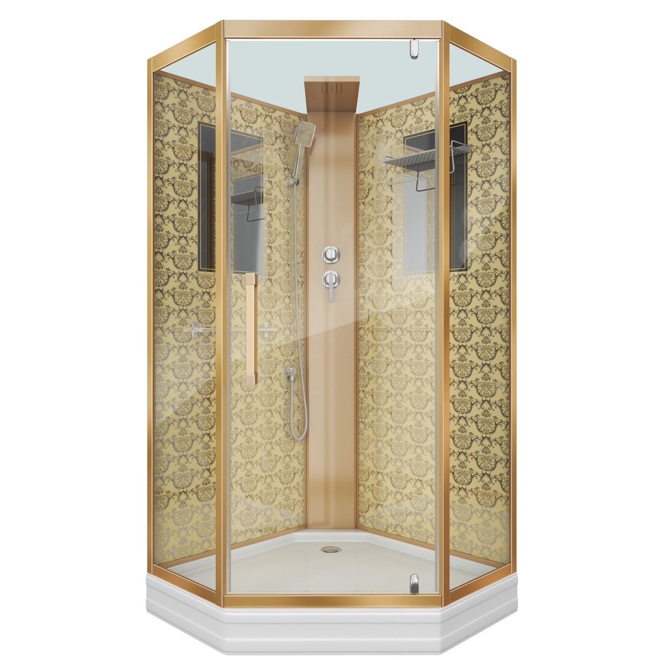 Душевая кабина Niagara Luxe NG-7717GBK (100x100х210) низкий поддон(15см),дверь распашная,стенки золото,без крыши,4 места 