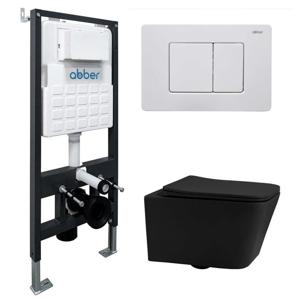 Инсталляция с унитазом Abber Rechteck AC1201MB-AC0105-AC0120MW, сиденье микролифт, клавиша смыва белый матовый, черный матовый, комплект 