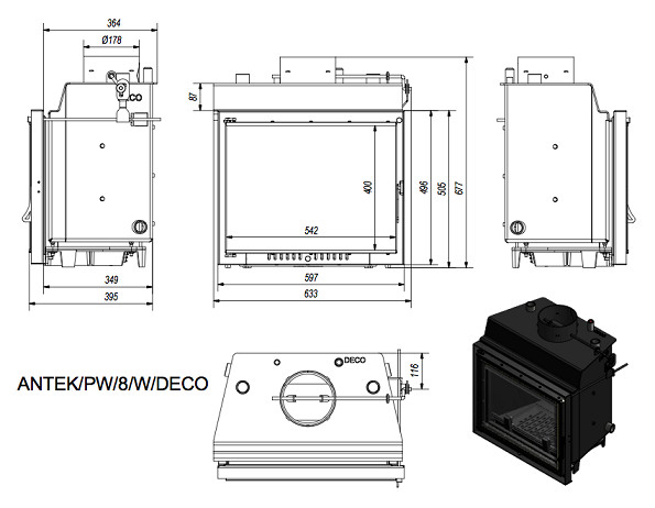 Топка с водяным контуром ANTEK/PW/8/W/DECO, змеевик 