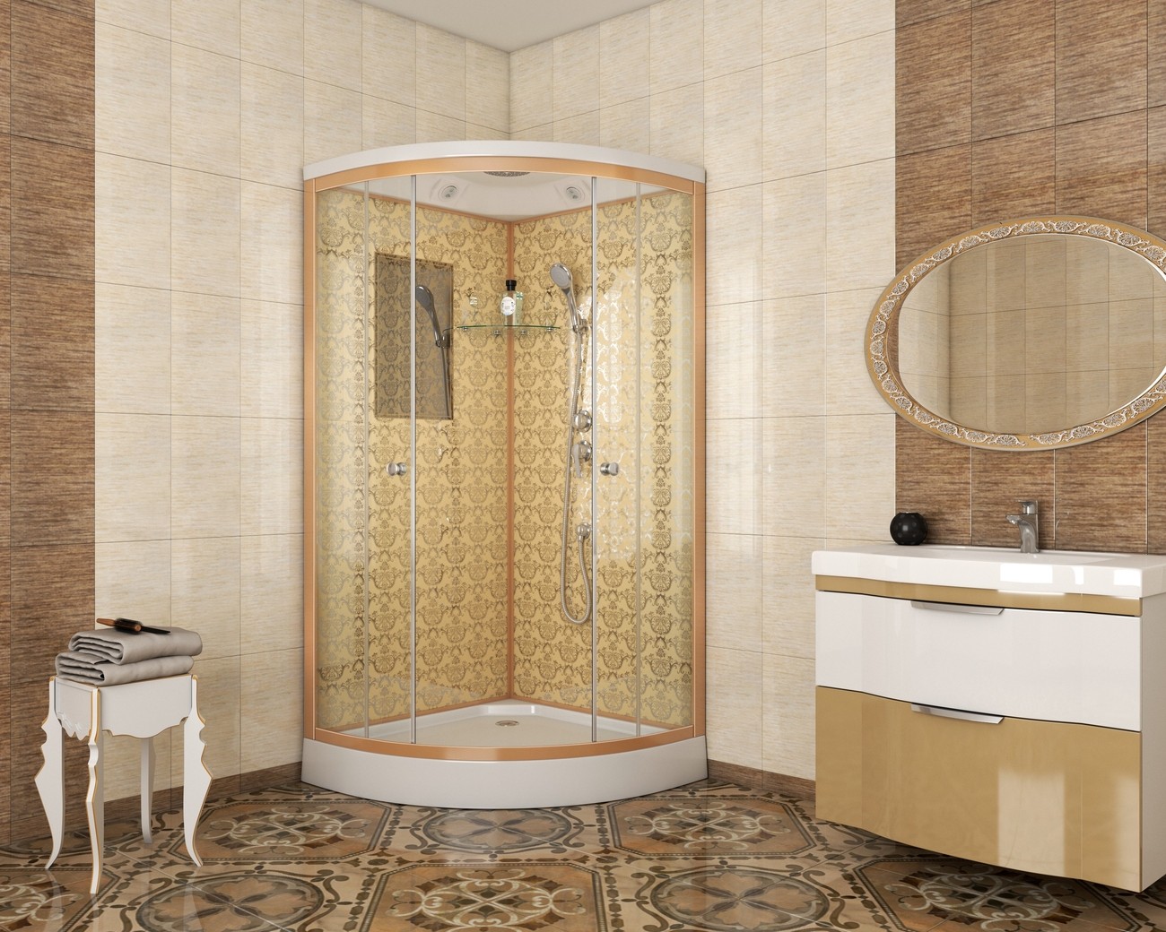 Душевая кабина Niagara Luxe NG-7702G (100x100х210) низкий поддон(15см),дверь раздвижная,стенки золото,3 места 