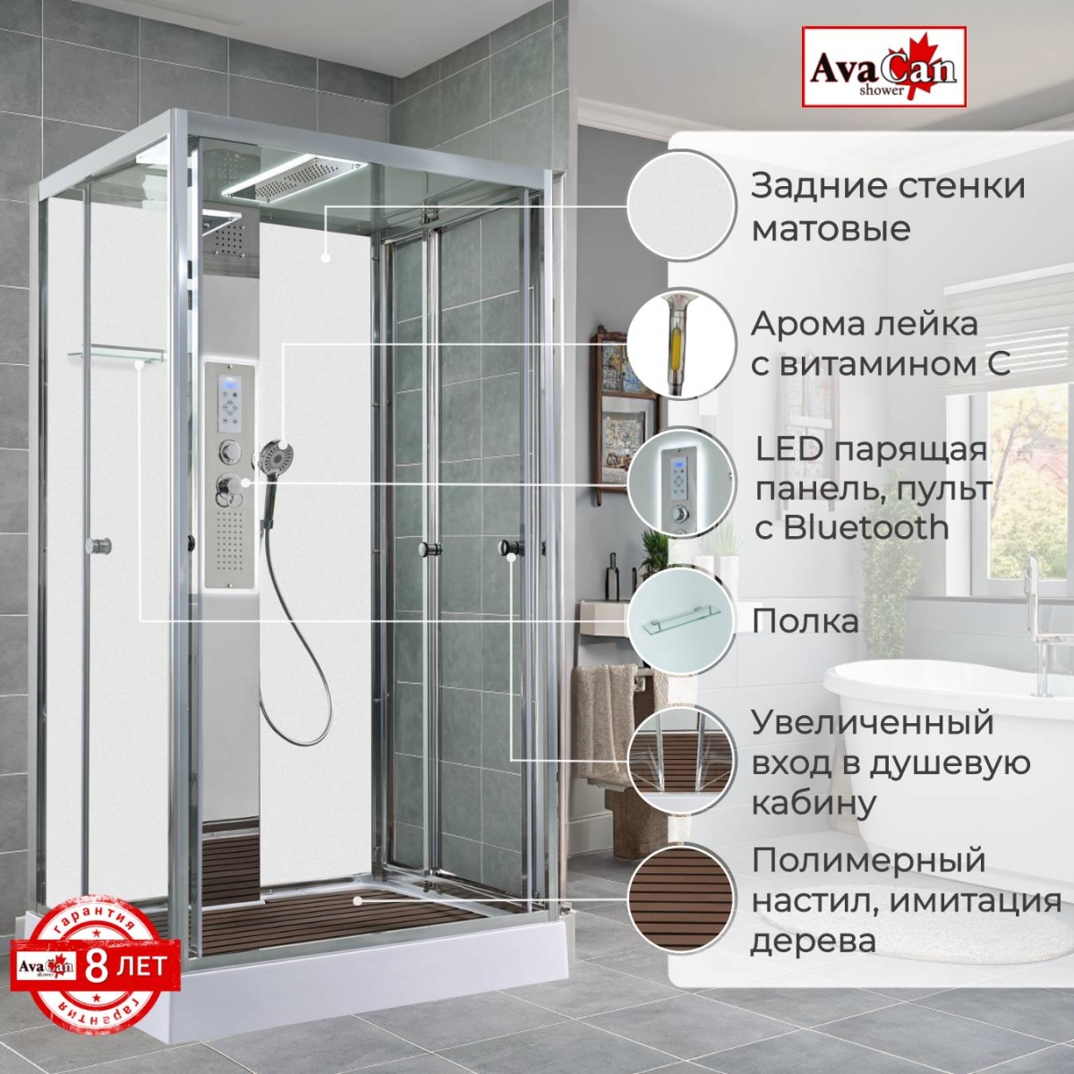Душевая кабина AvaCan Z1912LEDMT, 78286, 120 x 90 см, крыша и стенки белый матовый, с LED подсветкой, с гидромассажем, с электрикой, поддон низкий, стекло прозрачное, профиль хром 