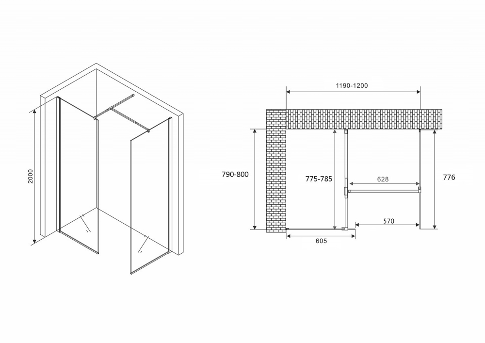 Душевой уголок Abber Immer Offen AG67128B, 120 х 80 см, стекло прозрачное, профиль черный 