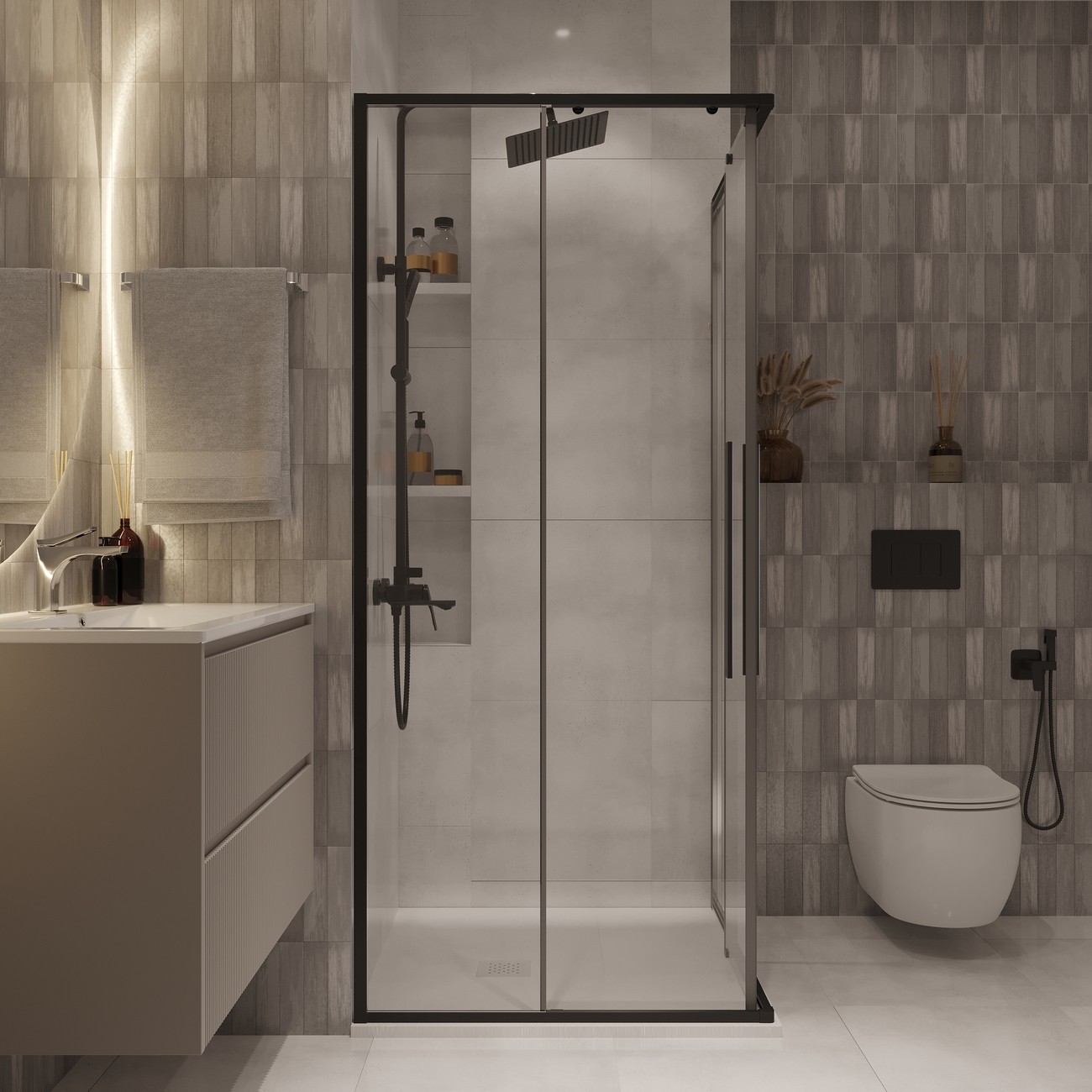 Душевое ограждение Niagara Nova NG-6823-34ВLACK (90х90х195) квадрат,черный матовый,двери раздвижные,стекло прозрачное,1 место 
