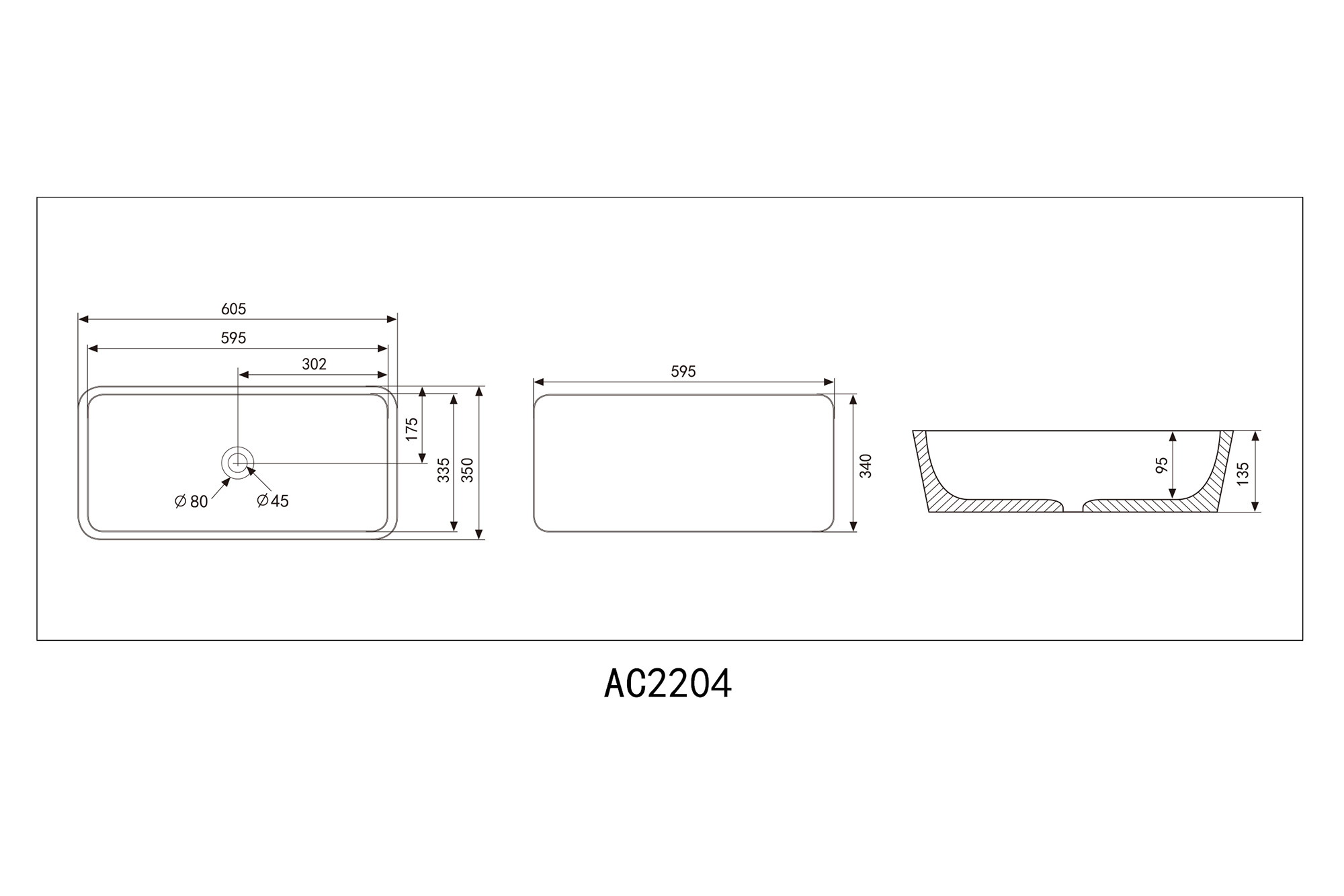 Раковина Abber Rechteck AC2204MB, 60,5 х 35 см, накладная, цвет черный матовый 