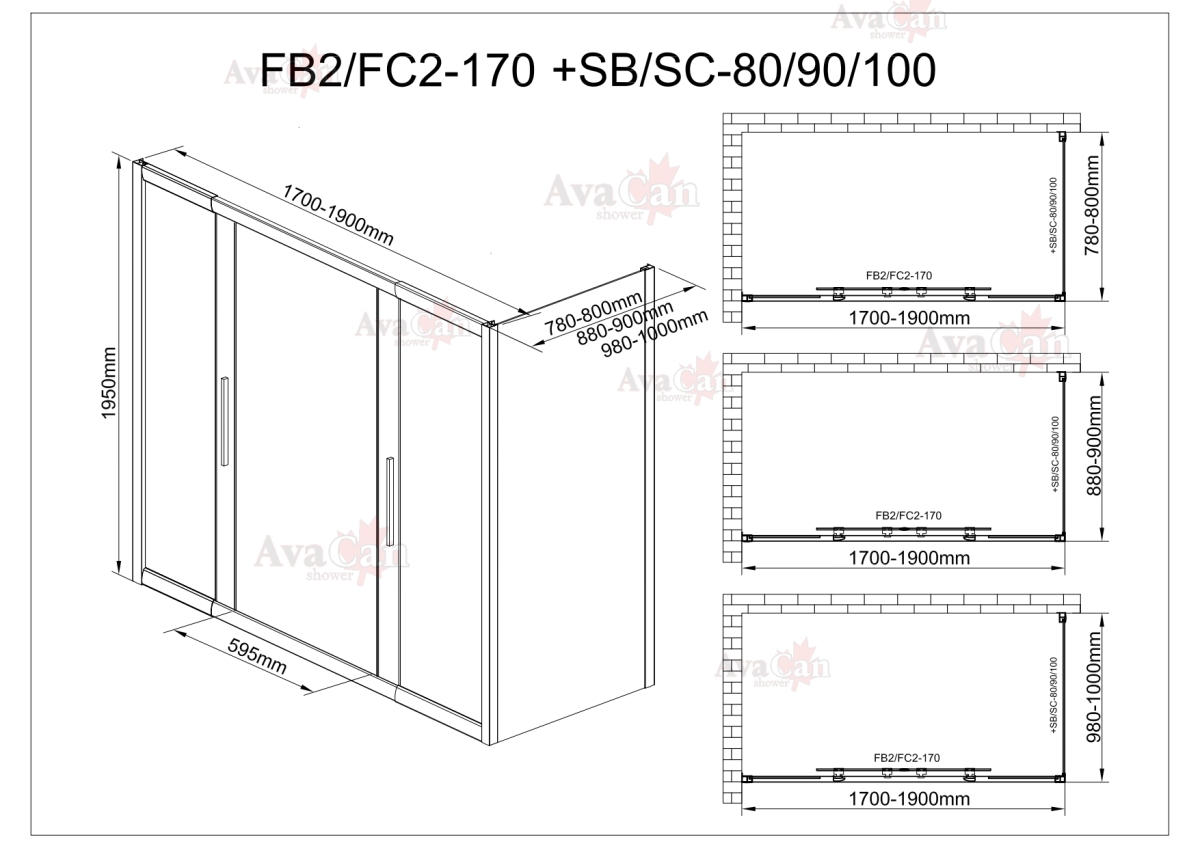 Душевой уголок AvaCan FB2 170-190  + SB80 MT 