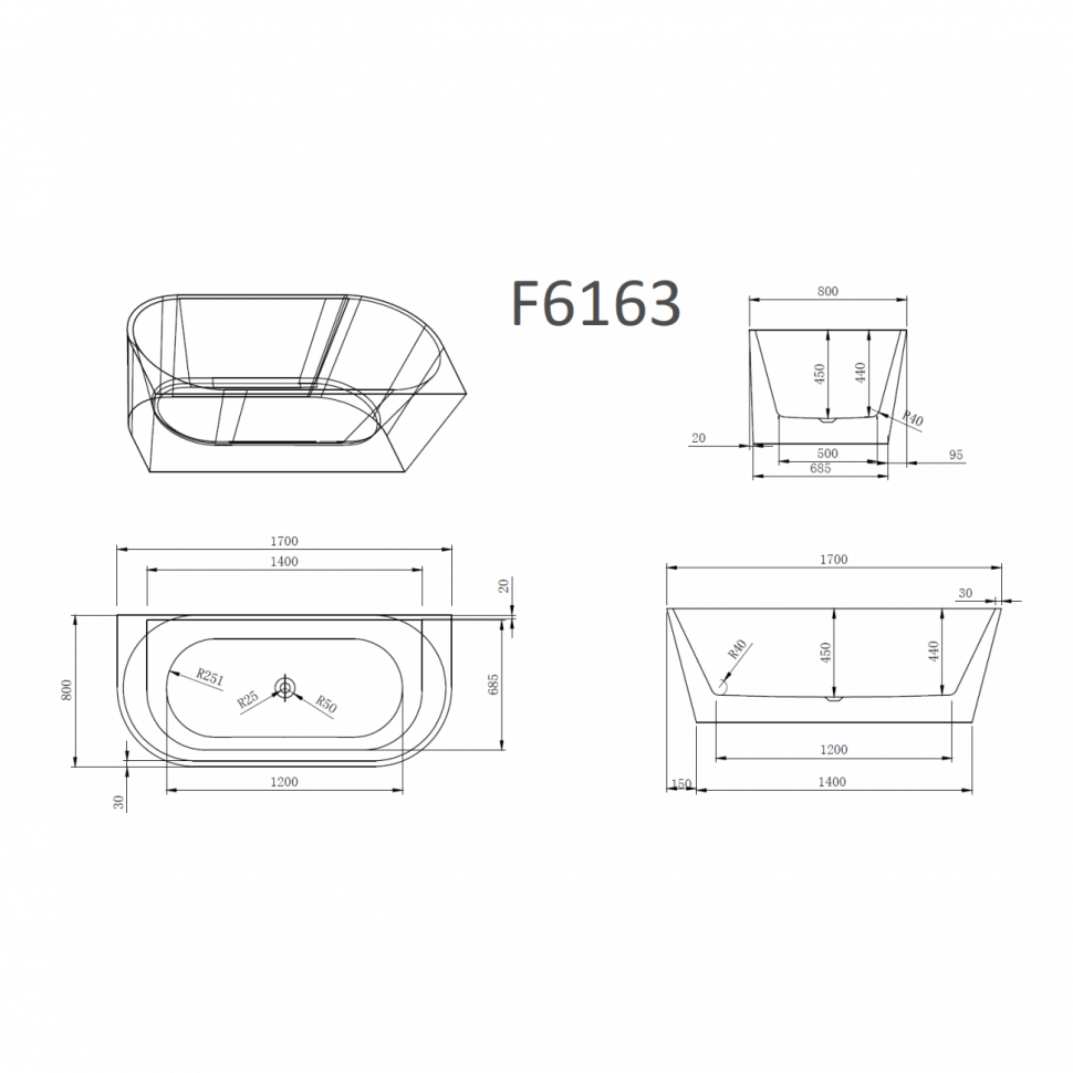 Ванна акриловая Frank F6163, 12531, 170 х 80 см, цвет белый/черный 