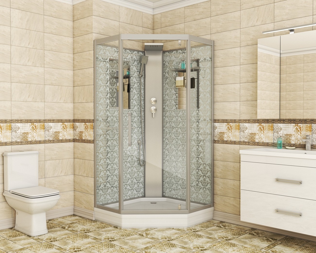 Душевая кабина Niagara Luxe NG-7799WBK (90x90х210) низкий поддон(15см),дверь распашная,стенки серебро,без крыши,4 места 