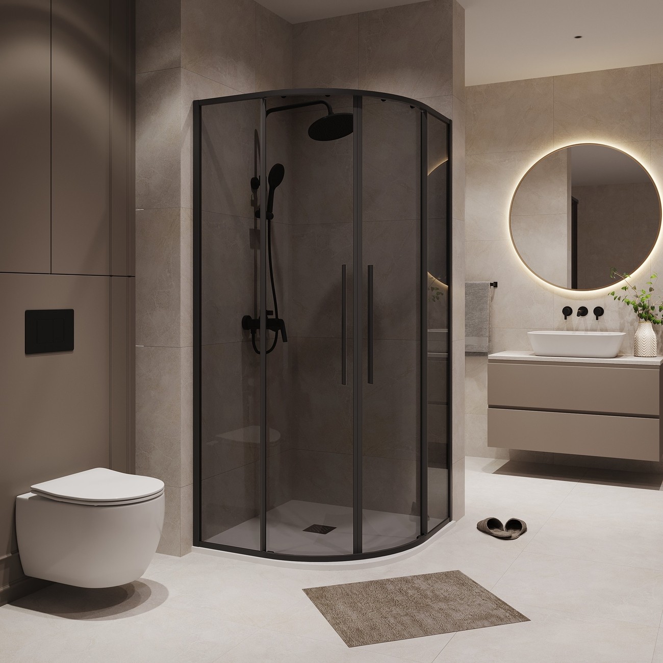 Душевое ограждение Niagara Nova NG-2825-34BLACK (80х80х195) четверть круга,черный матовый,двери раздвижные,стекло тонированное,1 место 