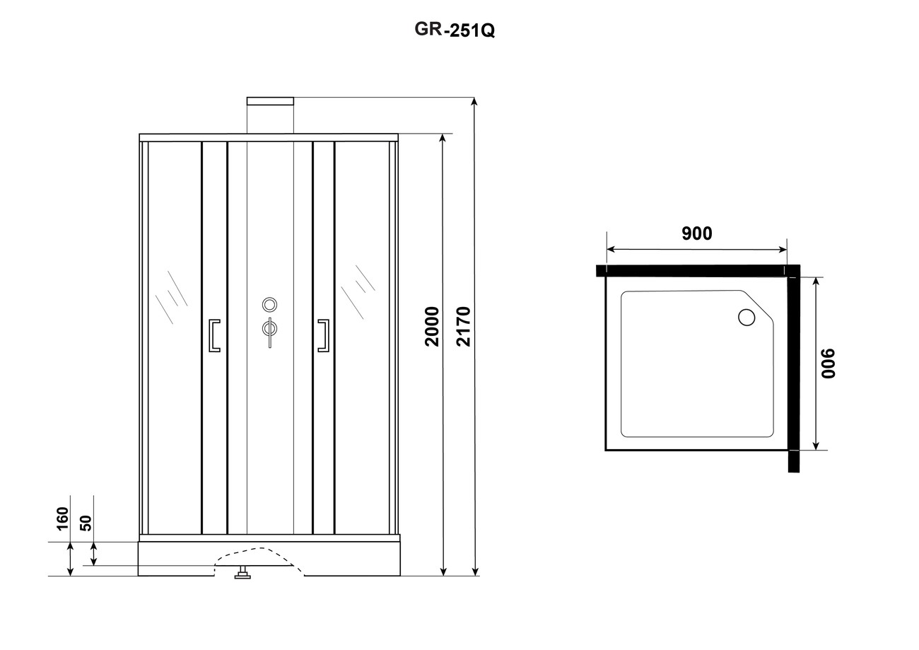 Душевая кабина Grossman Elegans GR251Q, 90 x 90 см, задние стенки белые, стекло прозрачное, профиль черный 