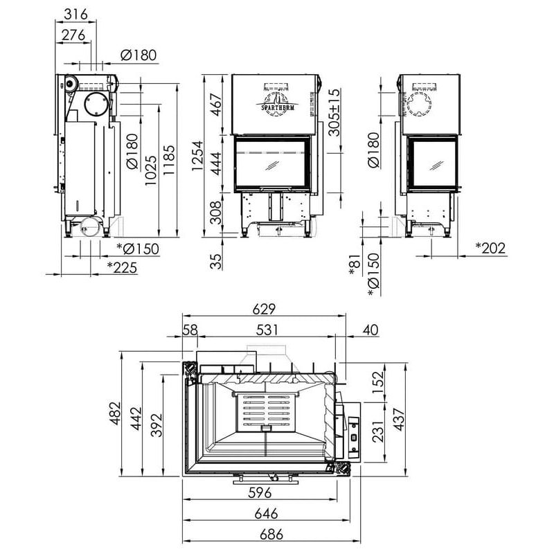 Каминная топка SPARTHERM Varia 2L-62h чёрный шамот 