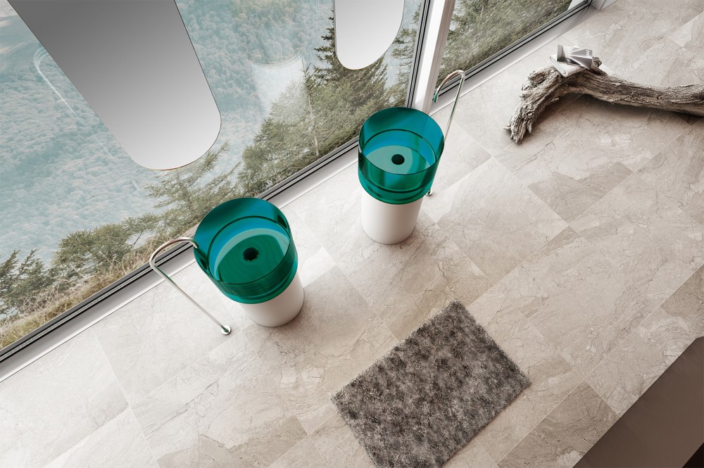 Раковина Abber Kristall AT2701White-Aquamarin, 45 х 45 см, слив в пол, цвет белый/бирюзовый 