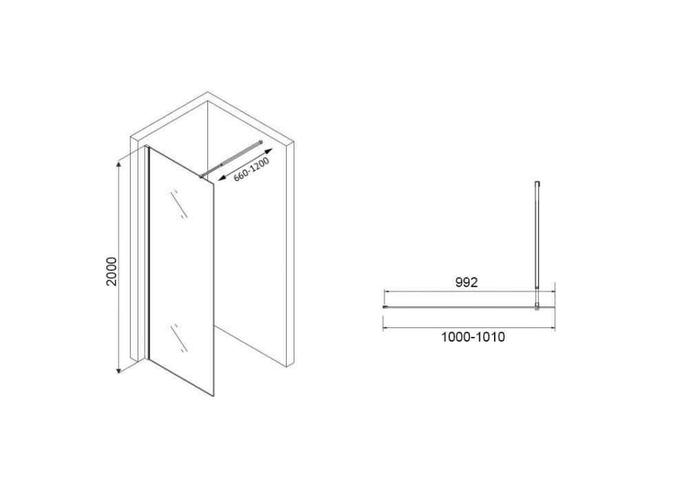 Душевая стенка Abber Immer Offen AG61101R8, со свободным входом, 100 см, стекло рифленое, профиль черный 