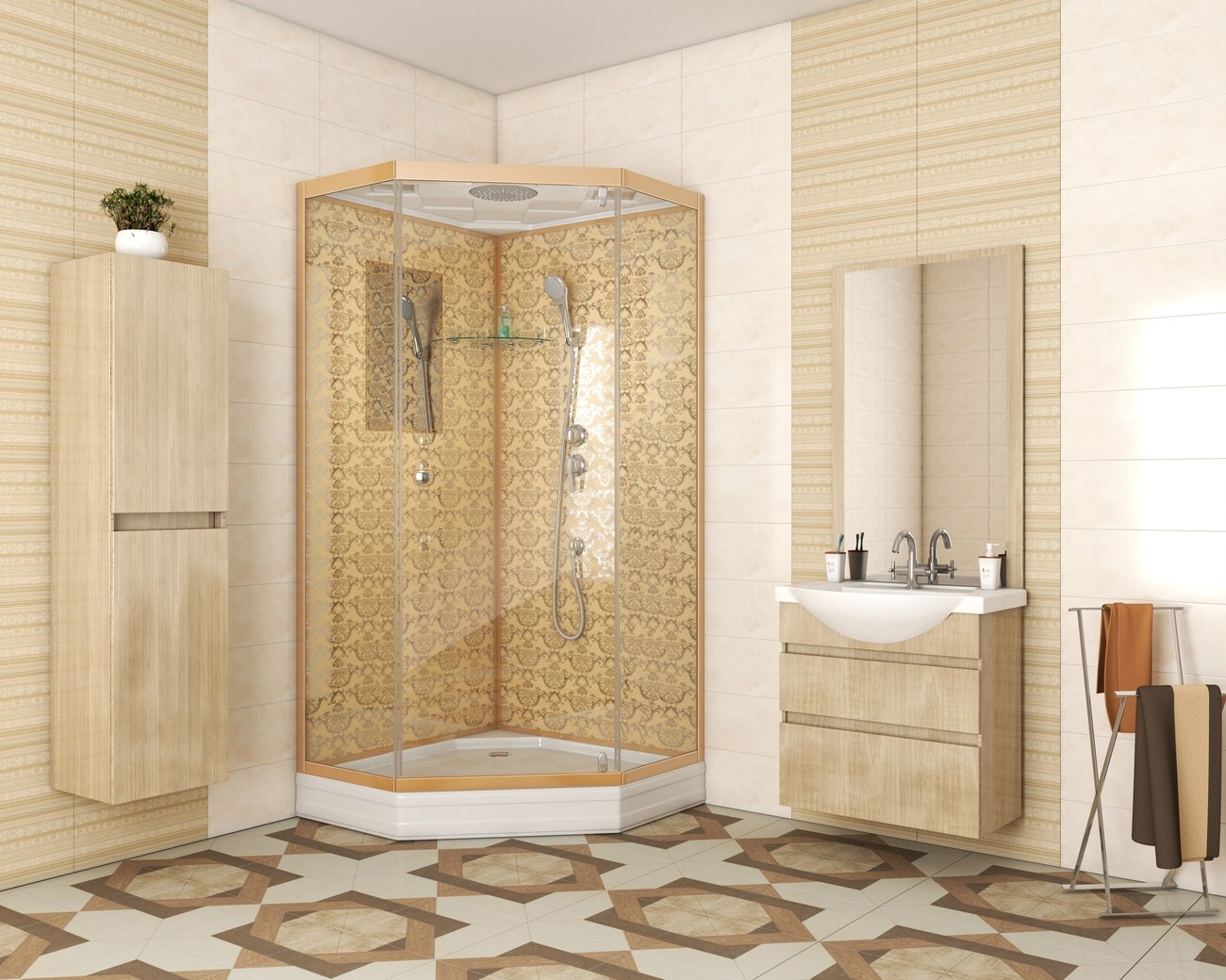 Душевая кабина Niagara Luxe NG-7701DG (90x90х210) низкий поддон(15см),дверь распашная,стенки золото,3 места 
