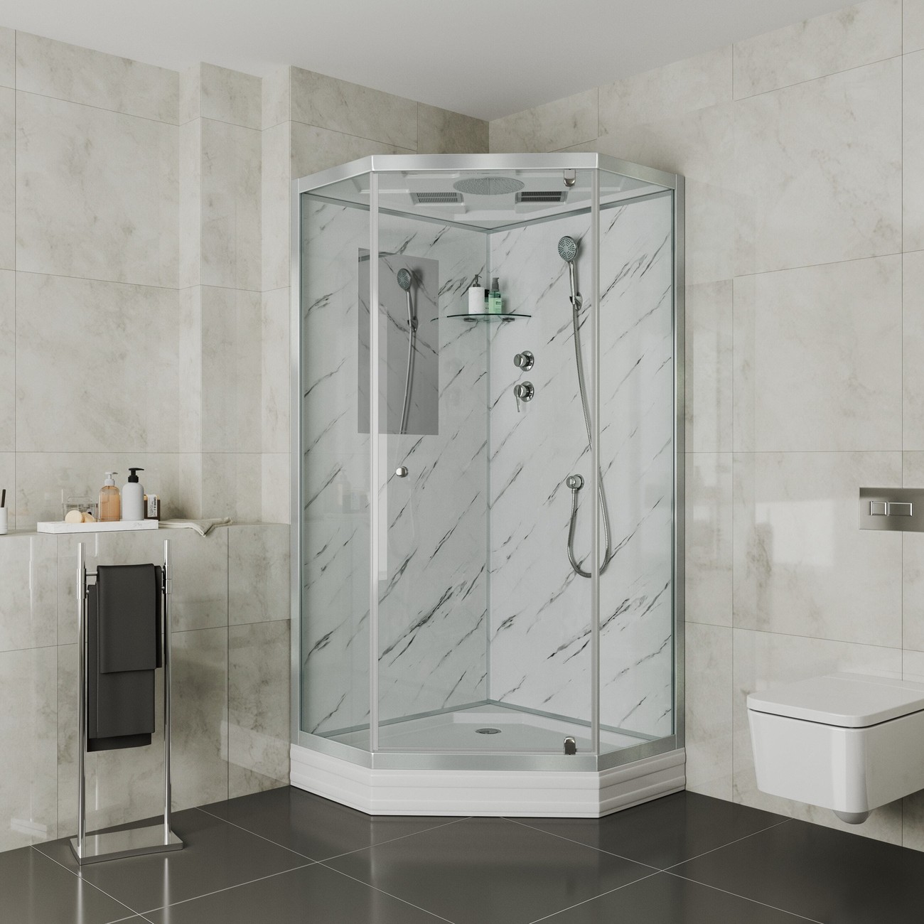 Душевая кабина Niagara Luxe NG-7702DM (100x100х210) низкий поддон(15см),дверь распашная,стенки мрамор,3 места 