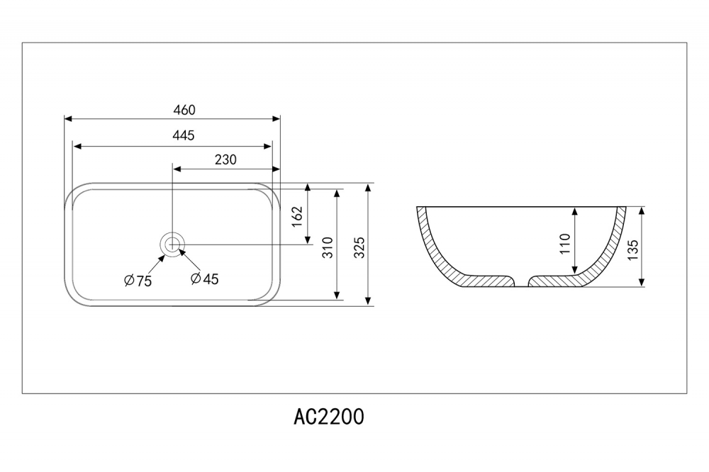 Раковина Abber Rechteck AC2200, накладная, 46 х 32.5 х 13.5 см, белая 