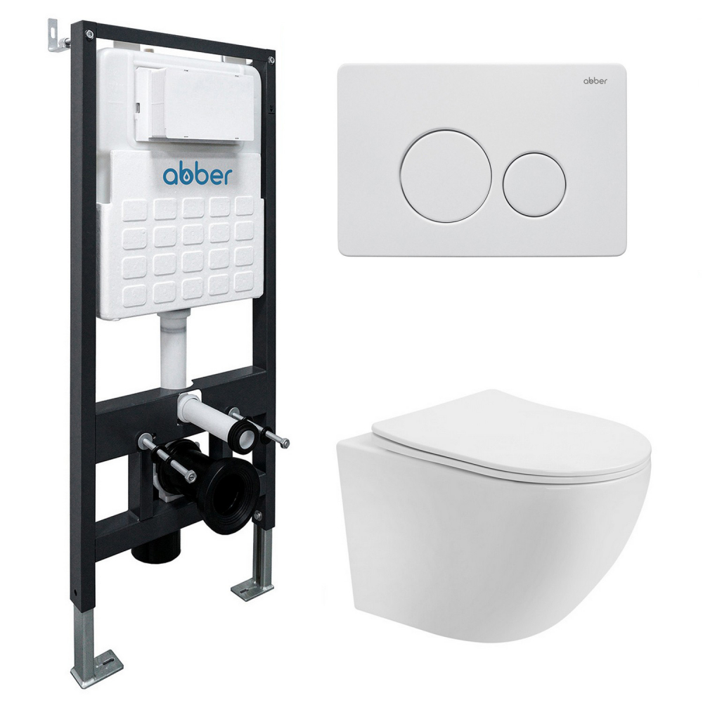 Инсталляция с унитазом Abber Bequem AC1100T-AC0105-AC0121MW, сиденье микролифт, смыв Торнадо, клавиша смыва белый матовый, белый, комплект 