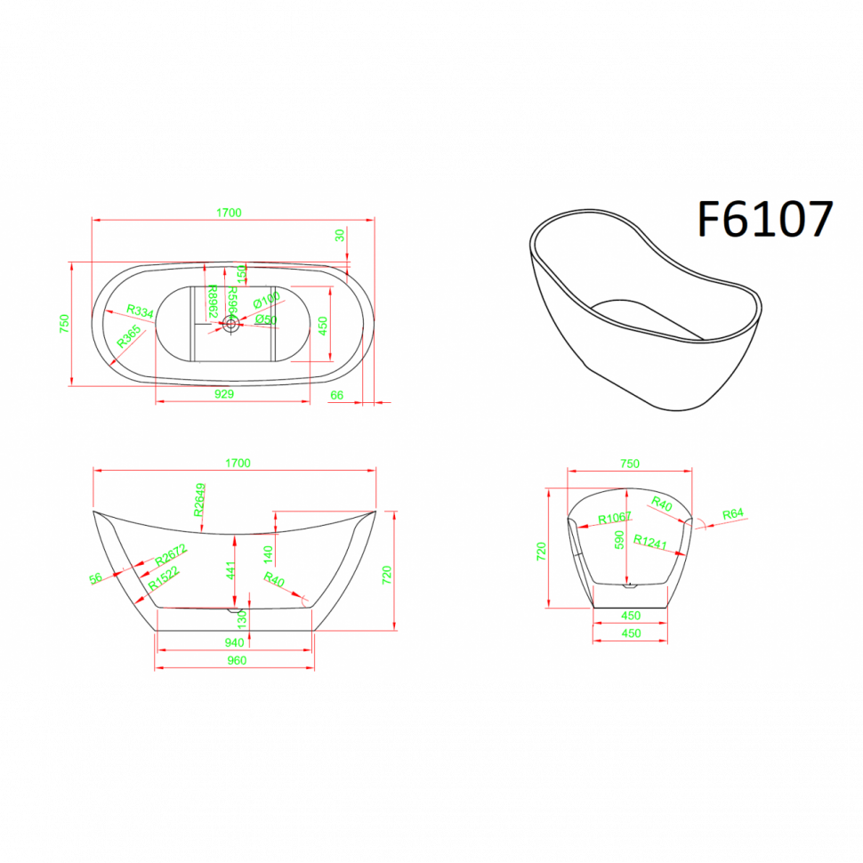 Ванна акриловая Frank F6107, 12520, 170 х 75 см, цвет белый/черный 