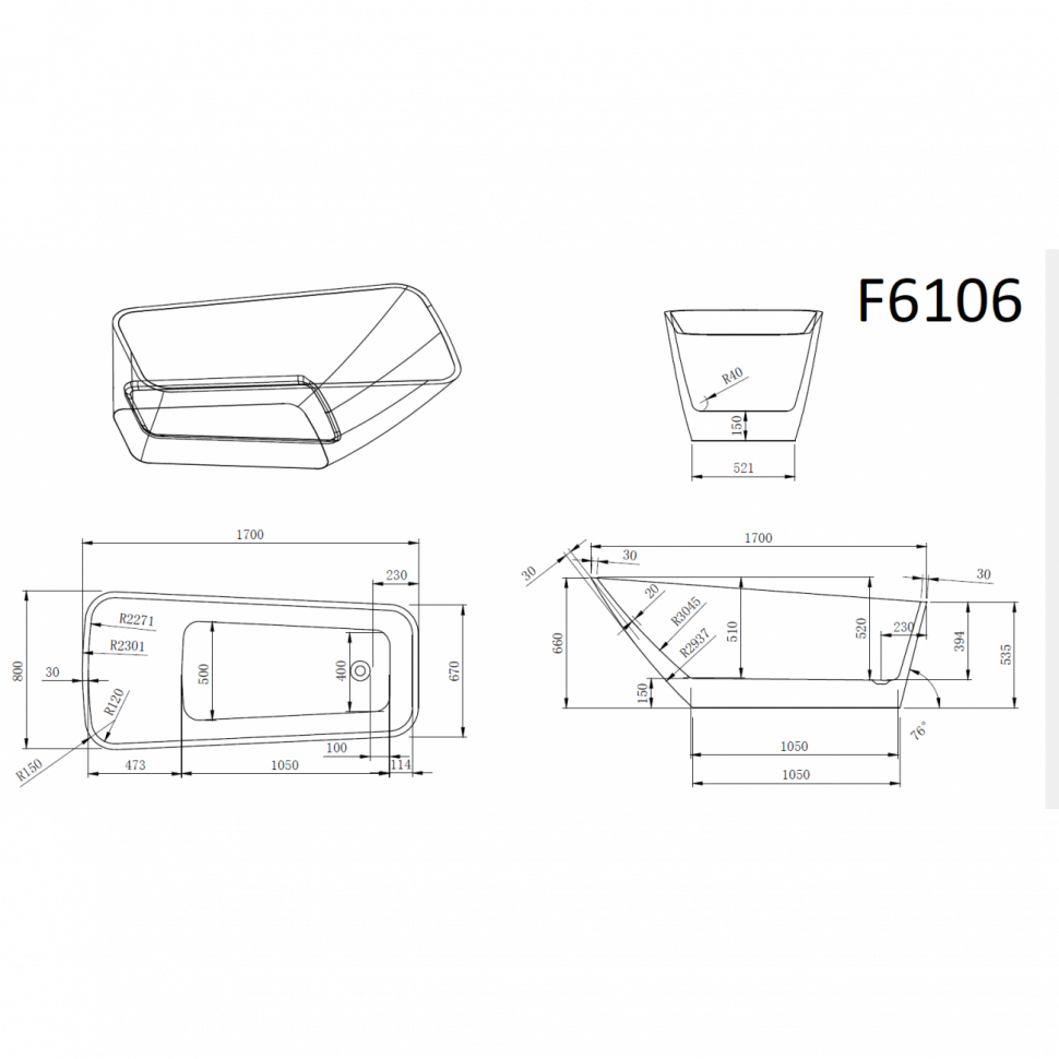 Ванна акриловая Frank F6106, 12517, 170 х 80 см, цвет белый 