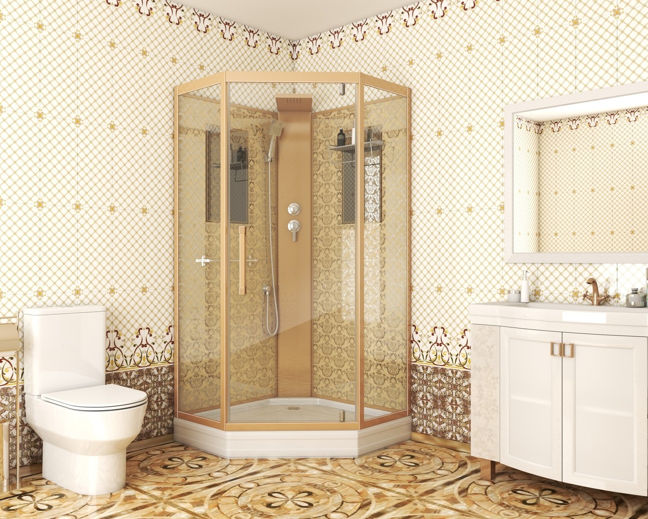 Душевая кабина Niagara Luxe NG-7717GBK (100x100х210) низкий поддон(15см),дверь распашная,стенки золото,без крыши,4 места 