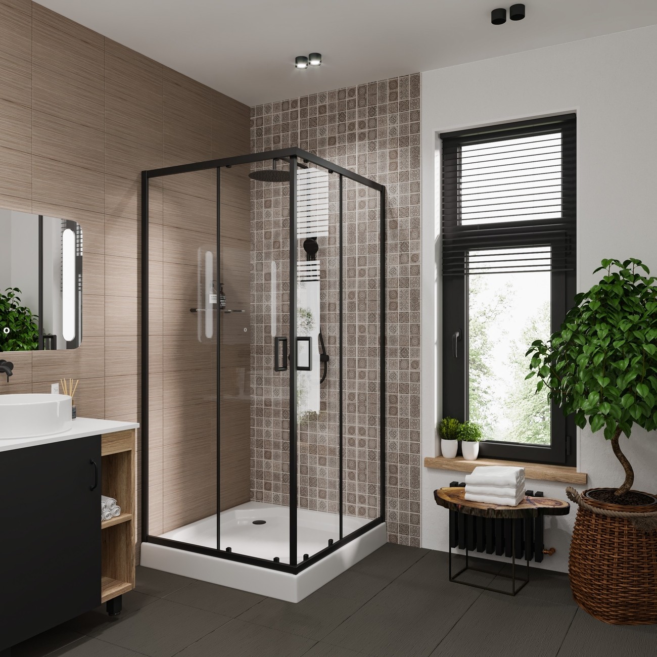 Душевое ограждение Niagara Nova NG-6809-08ВLACK (100х100х195) квадрат,черный,двери раздвижные,стекло прозрачное,1 место 