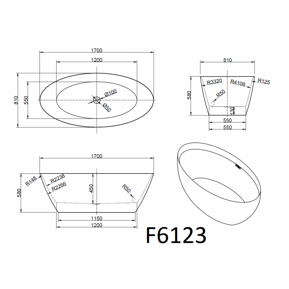 Ванна акриловая Frank F6123, 12526, 170 х 80 см, цвет белый/черный 