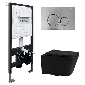 Инсталляция с унитазом Abber Rechteck AC1201MB-AC0105-AC0121MCH, сиденье микролифт, клавиша смыва хром матовый, черный матовый, комплект 